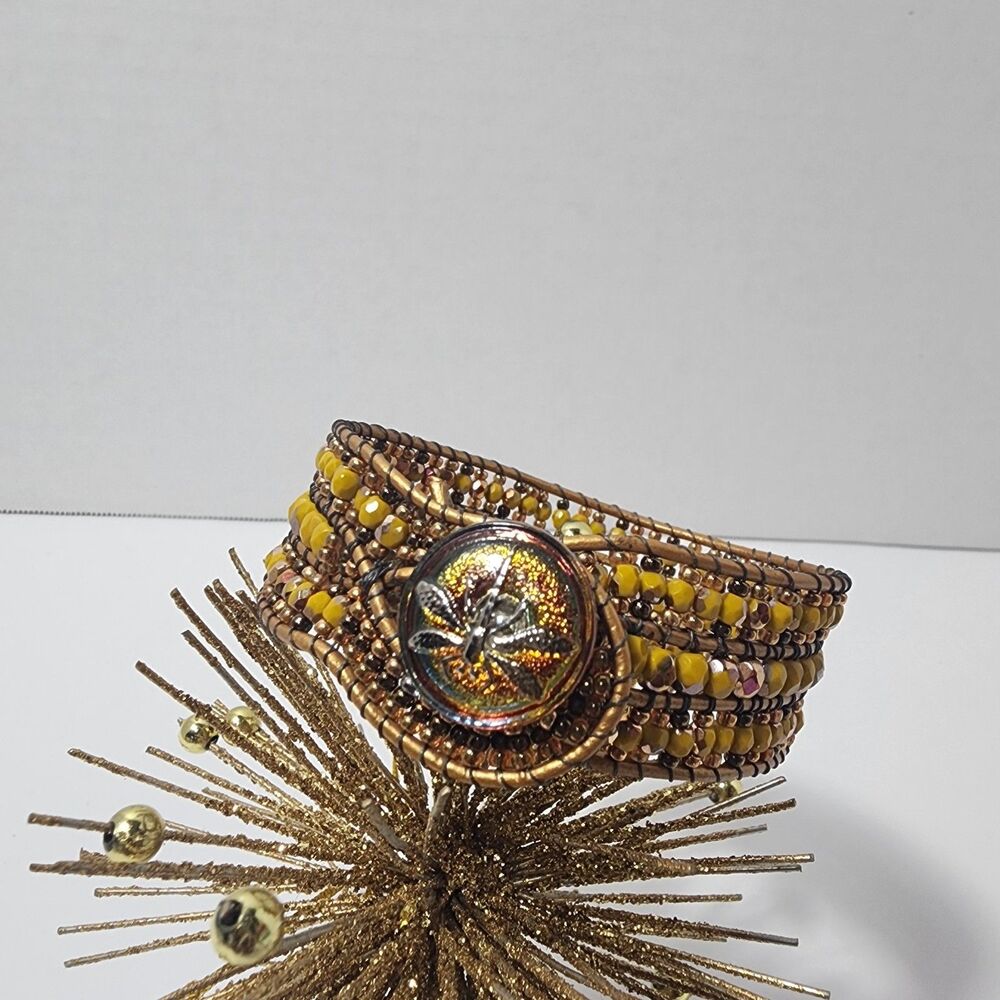 Handmade Yellow Bronze Stone  Embroidered Dragonfly Button Statement Bracelet